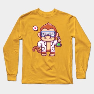 Cute Monkey Scientist Holding Chemical Liquid Cartoon Long Sleeve T-Shirt